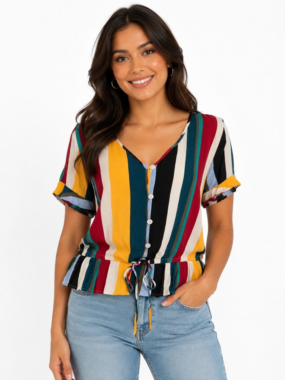 Express - Striped Button-Front Tie-Waist Top